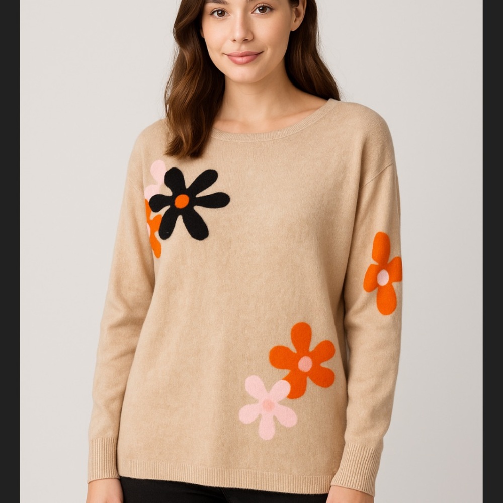 Aaeda Floral Sweater Sz M Retro 70s Daisy Flower Boho Soft Lightweight Knit